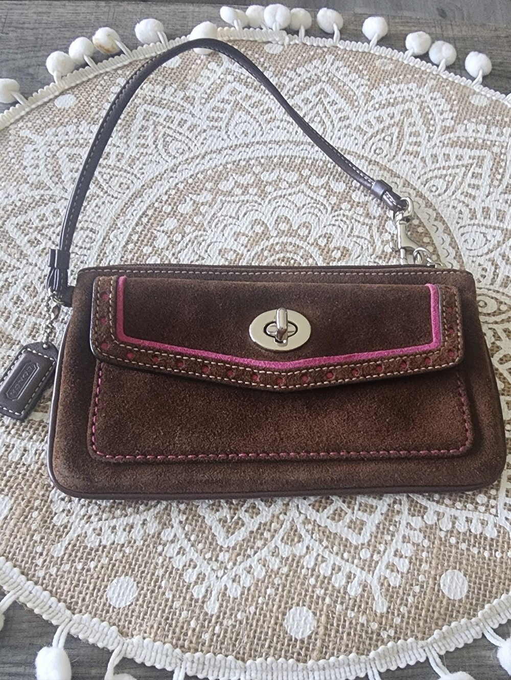 VINTAGE Coach Brown Suede Wristlet with Pink Trim and Gold Turn-Lock GUC